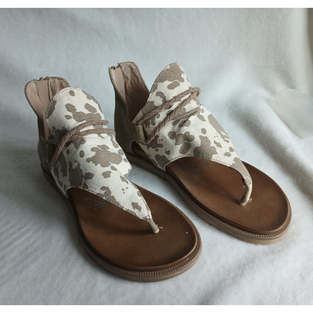 Very G Women’s Size 7 Cow Print Toe Ring Sandals Zipper Beige Boho Western